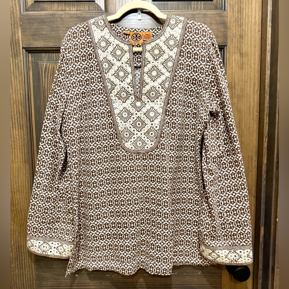 Tory Burch Ladies Brown and Cream Geometric Tunic with embellishments.